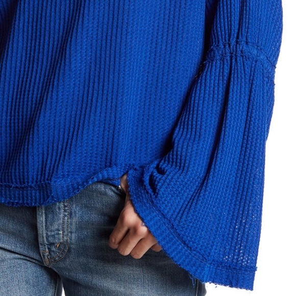 FREE PEOPLE We The Free Dahlia Long Bell Sleeve Relaxed Fit Thermal Top Sapphire - Picture 4 of 5